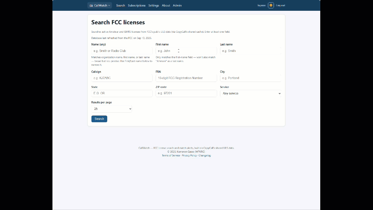 CallWatch search results, updating instantly as a query is typed